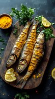 Grilled fish seasoned with turmeric on wooden cutting board with fresh parsley and lemon slices, perfect for seafood restaurant menu or cooking blog.