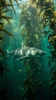 Great white shark swimming through underwater kelp forest with sunlight filtering through green seaweed creating dramatic marine ecosystem scene.