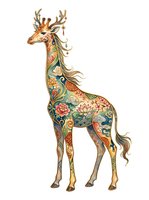 Ornate deer with decorative floral patterns, antlers, and golden accents on isolated white background. Suitable for design projects, textiles, and artistic applications.