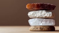 Stacked natural healing crystals and gemstones for meditation, wellness and spiritual practices on wooden surface against brown background.