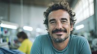 Middle-aged man with dark wavy hair and facial hair wearing teal shirt smiling in modern office workspace with colleagues working in background.