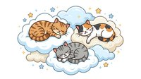 Cute kittens sleeping peacefully on fluffy clouds surrounded by stars. Isolated illustration on transparent background, perfect for nursery decor, children's apparel.