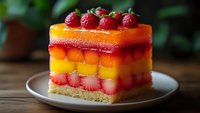 Layered fruit jelly dessert with fresh raspberries, strawberries, orange, and mango on shortbread base served on white plate against wooden background.