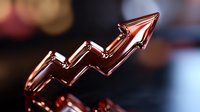 Metallic rose gold arrow chart trending upward on dark background shows business growth and success concept for financial presentations and reports.
