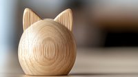 Minimalist wooden cat sculpture with pointed ears shown from behind on neutral background, highlighting natural wood grain texture and simple geometric form.