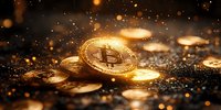 Golden cryptocurrency coins with glowing sparkles and bokeh effects on dark background, dramatic lighting creates mystical atmosphere for financial concepts.