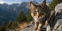 Tabby cat exploring rocky mountain terrain with alert expression against backdrop of majestic peaks and alpine scenery.