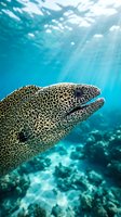 Spotted moray eel swimming in crystal clear tropical waters with sunbeams filtering through coral reef ecosystem for marine biology and diving content.