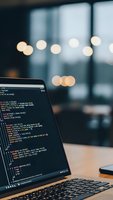 Software developer coding on laptop in modern office with bokeh lights background for programming and technology projects.