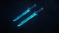 Glowing blue daggers with metallic handles floating against dark background, magical fantasy weapons with ethereal light effect for gaming and fantasy designs.