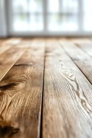 Rustic wooden floorboards with natural grain pattern and knots in warm brown tones, shallow depth of field with blurred window background.