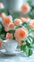 Elegant white porcelain teacup with delicate peach roses creating romantic morning atmosphere. Fresh green leaves and soft bokeh background add natural charm.