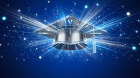 Futuristic silver UFO spaceship with bright light beams against starry blue space background for sci-fi designs and cosmic themed projects.