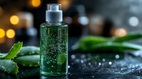 Green aloe vera gel in transparent bottle with fresh leaves and water droplets on dark surface with warm bokeh lights for skincare and wellness.