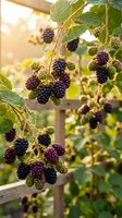 Fresh blackberries ripening on vine in sunny garden with wooden fence background. Organic berry farming and homegrown fruit harvest concept.