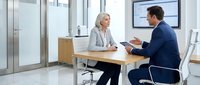 Professional business meeting between mature businesswoman and businessman discussing documents in modern office conference room.