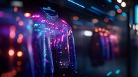 Glowing transparent jacket with pink and blue neon lights against dark background creates futuristic cyberpunk atmosphere with bokeh light effects.