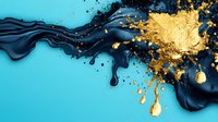 Dynamic collision of navy blue liquid paint and gold metallic splatter against turquoise background, creating abstract fluid art with dramatic contrast and movement.