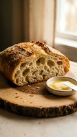Freshly baked artisan sourdough bread with crispy crust and airy crumb structure, sliced and served with olive oil on wooden board for food photography and culinary content.