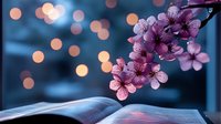 Cherry blossom branch with pink flowers over open book pages against dreamy bokeh lights background for spring reading and literature concepts.