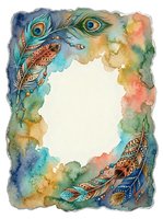 Watercolor peacock feathers frame isolated on white background with vibrant turquoise, gold, and coral washes, ready for design projects, invitations, and decorative applications.