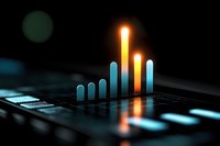 Glowing bar graph chart showing business growth with orange and blue illuminated columns on dark background with digital elements and lens flare effect.