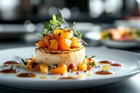 Pan-seared scallop topped with fresh citrus segments and microgreens, served on white plate with sauce reduction. Elegant fine dining presentation.