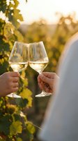 Couple toasting with white wine glasses in vineyard during golden hour sunset, romantic celebration among grapevines for anniversary or special occasion.