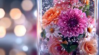 Fresh floral arrangement with pink dahlia, peach roses and white daisies in glass vase with water droplets against soft bokeh background creates romantic mood.