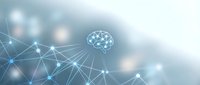 Abstract brain network with connected nodes and glowing lights on soft blue background for artificial intelligence and technology concepts.