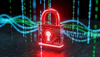 Red glowing digital padlock with circuit patterns surrounded by flowing binary code streams and data waves on dark cyber security background.