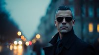 Serious man in dark coat and sunglasses on moody urban street at dusk with bokeh city lights creating atmospheric backdrop.