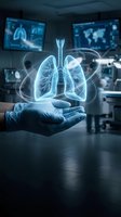 Medical professional holding holographic lung anatomy model in modern hospital technology room for healthcare innovation and respiratory medicine education.