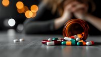 Prescription pills spilled from amber bottle with person in distress background depicting medication overdose and substance abuse awareness concept.