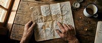 Hands of mature male explorer examining vintage folded map on wooden desk with compass and coffee cup, planning travel route and adventure destination.