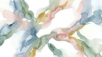 Abstract watercolor background with soft flowing brushstrokes in pastel pink, green and blue tones creating organic shapes on white backdrop.