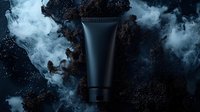 Black cosmetic tube floating in mysterious dark atmosphere with swirling white smoke against textured black background, dramatic product photography for luxury skincare.