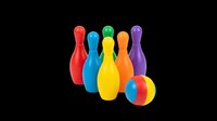 Colorful toy bowling set with six rainbow pins and a multicolor ball, isolated on transparent background. Great for clipart, stickers, t-shirt design, and print on demand.