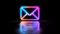 Glowing neon mail envelope icon with colorful blue and pink gradient light effect on dark background with reflection on glossy surface.