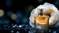 Luxury perfume bottle with amber fragrance nestled in white rose petals on dark sparkling surface with bokeh lights for cosmetics and beauty advertising.