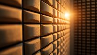 Acoustic foam panels in warm golden light creating depth perspective with dramatic shadows and lighting effects for recording studio background.