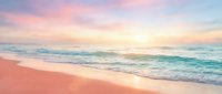 Serene tropical beach at sunrise with soft pink sand, gentle waves, and pastel sky creating a peaceful coastal landscape for travel and wellness projects.