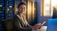 Professional businesswoman using tablet in modern office with city lights background during evening hours for corporate technology solutions.