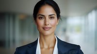 Young South Asian businesswoman in navy blazer and white blouse smiling confidently at camera in modern office setting, professional corporate headshot with soft natural lighting.