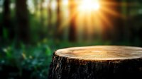 Cut tree stump in mystical forest with sunbeams breaking through trees, creating magical atmosphere. Natural wooden surface shows annual rings in warm sunlight.