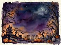 Watercolor Halloween night scene with haunted house, glowing pumpkins, ravens, bats, gravestones, and crescent moon in purple and orange sky.