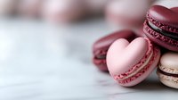 Heart-shaped and round French macarons in shades of burgundy, pink, and white stacked on marble surface, perfect for Valentine's Day dessert menu.