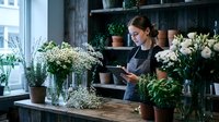 Young female florist arranging white flowers in modern flower shop workspace with natural lighting and rustic shelving for small business marketing.