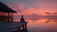 Person meditating on wooden dock at tropical resort during stunning sunset with pink and orange sky reflecting on calm ocean water creating peaceful atmosphere.