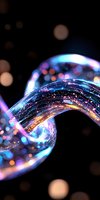 Glowing fiber optic light wave with blue, purple and gold illumination against dark background, creating futuristic technology concept.